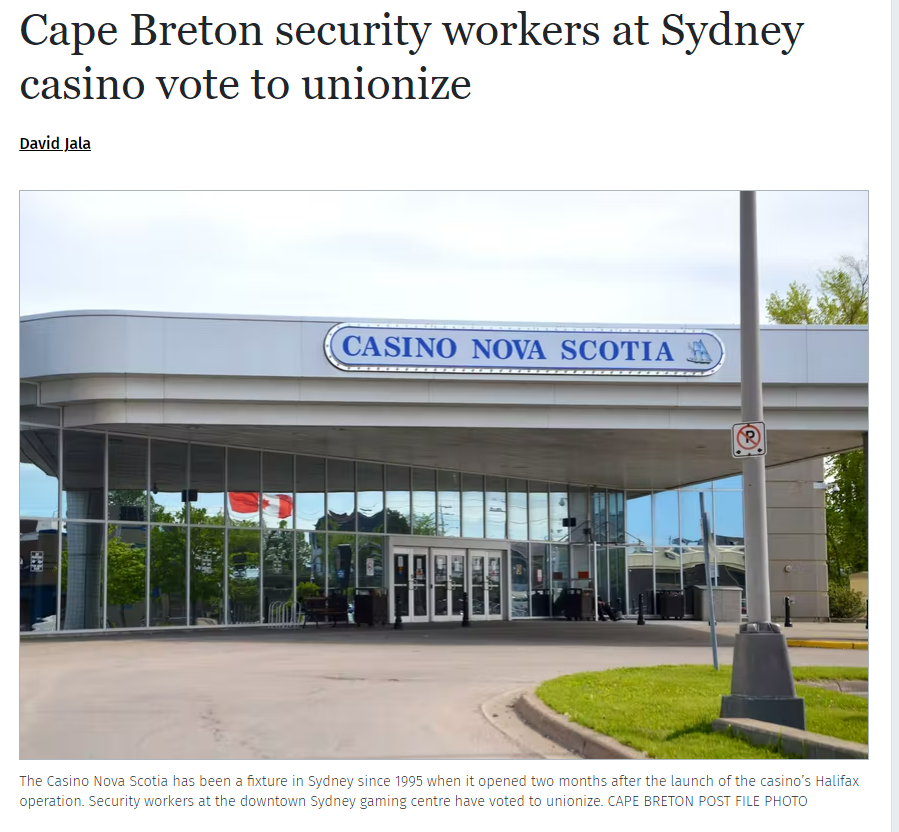 Read more about the article Cape Breton Post: Cape Breton security workers at Sydney casino vote to unionize