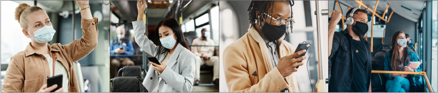Collage of public transit passengers